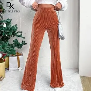 Women's Summer Casual Wide-Leg Flared Pants - Stretchy Ribbed Velvet with Comfortable Waistband Elegant Womenswear