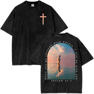 Isaiah 43:2 Christian T-Shirt – Faith Scripture Graphic Tee, Jesus Walk on Water Design, Vintage Washed Religious Shirt, Inspirational Bible Verse Unisex Cotton Tee