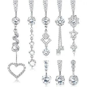 8Pcs Belly Button Ring for Women Dangle Belly Rings Surgical Steel Cute Heart Flower Dainty Dangly Belly Button Piercing Jewelry Navel Ring Silver 14G