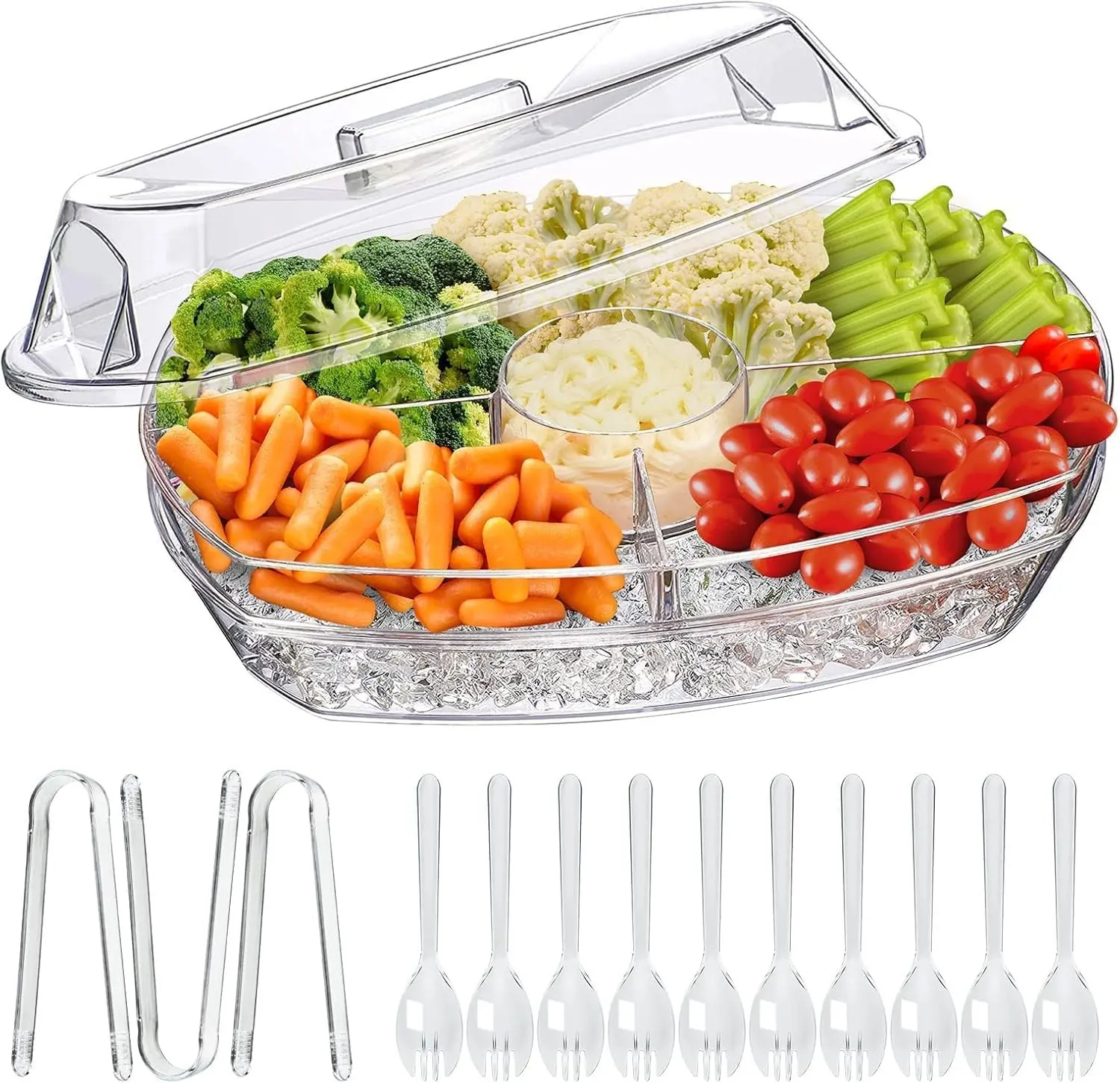 Chilled Veggie Tray, 15 Inch Clear Party Platter with 4 Compartments, Ice Serving Bowl with Lid, Cold Food Buffet Server for Fruit, Vegetable, Appetizer, Shrimp