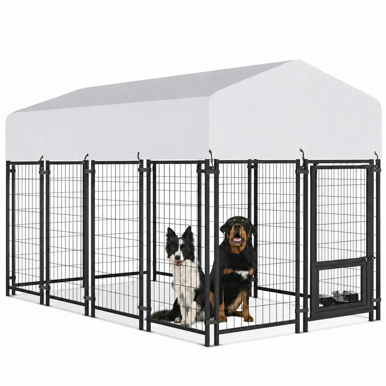 Oranland All-Weather Metal Alloy Steel Wire Mesh Outdoor Dog Crate Kennel (7.8x4x5FT) - Enclosed Complete Solution, Waterproof Roof, Secure Lock, Swivel Stainless Steel Bowls, UV-Resistant Anti-Rust Welded Enclosure for Small/Medium Dogs
