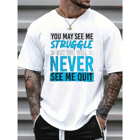 Men's Cotton T-Shirt with Letter Print, Casual Streetwear Round Neck Top, Soft Breathable Short Sleeve