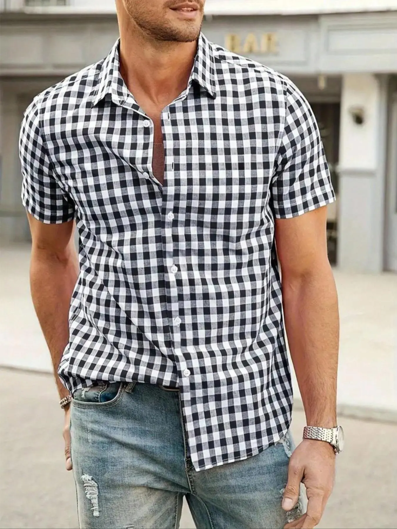 Men's Short Sleeve Button Down Plaid Gingham Fitted Checked Shirt, Unique Print Logo, Fresh Check Pattern, Casual Versatile, Summer Fashion, Men's Clothing, Menswear