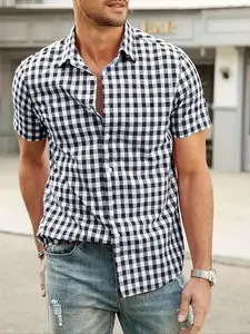Men's Short Sleeve Plaid Gingham Fitted Checked Shirt, Unique Print Logo, Fresh Check Pattern, Casual Versatile, Summer Fashion, Men's Clothing, Menswear