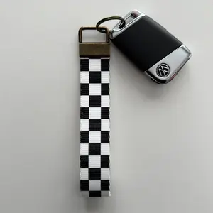 Black Checkered Key Fob Wristlet | Antique Brass Hardware