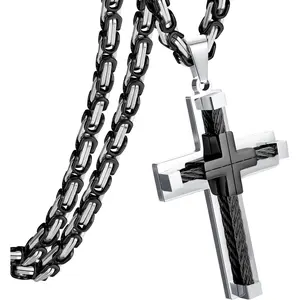 CASSIECA Cross Necklace for Men Stainless Steel Large Cross Chain Silver/Gold/Black Cross Pendant Byzantine Chain Necklace, 61CM Men's Accessories
