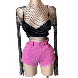 Cecilia Top-LONG SLEEVE RHINESTONE FISHNET TOP  -STRETCHY ONE SIZE