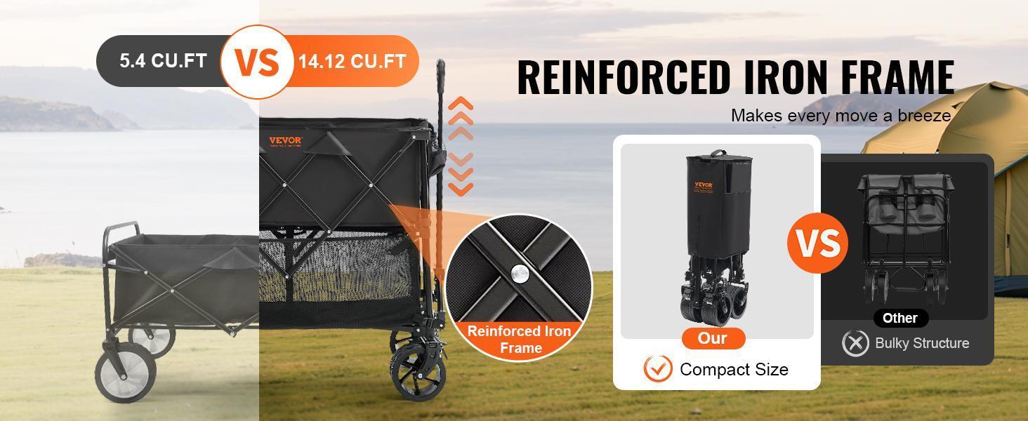 【Father's Day】VEVOR Foldable Double Decker Wagon,  Collapsible Wagon Cart with All-Terrain Wheels, Heavy Duty Folding Wagon Cart  for Camping, Shopping, Garden, 52" Extra Long Extender