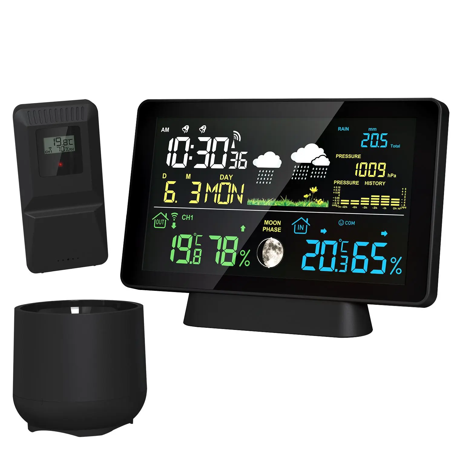 Indoor & Outdoor Temperature & Humidity Meter, VA Color Screen Weather Forecast Alarm Clock with Rain Gauge, Professional Measuring Instruments