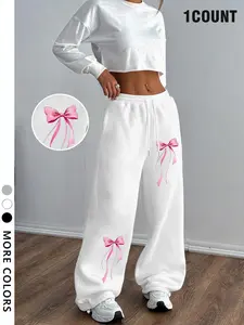 Women's Casual Home Pants, Bow Print, All-Season Wear, Suitable for Daily or Home Use, Fitted Style, Fall & Winter, Womenswear