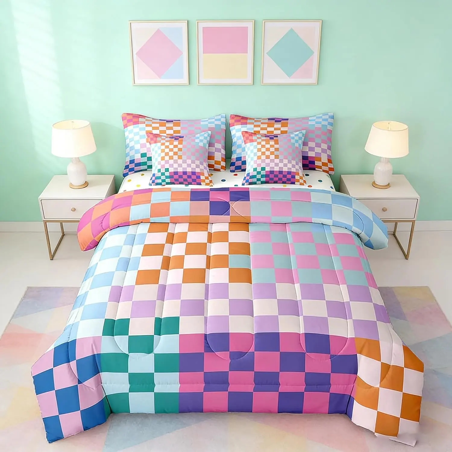 7pcs Color Lattice Comforter Set,Multicolored Checkered Plaid Square Bedding Set,Room Decor,Reversible Geometric Grid Bed in A Bag with Comforter,Sheets and Pillowcases