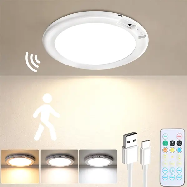 Rechargeable Motion Sensor Ceiling Light Remote Control, Magnetic Wireless Dimmable Auto Shut-Off Battery Operated LED Light, 3 Color Lighting Modes Adjustable Indoor Lamp for Closet Shower Stairs Shed Hallway Pantry Bathroom