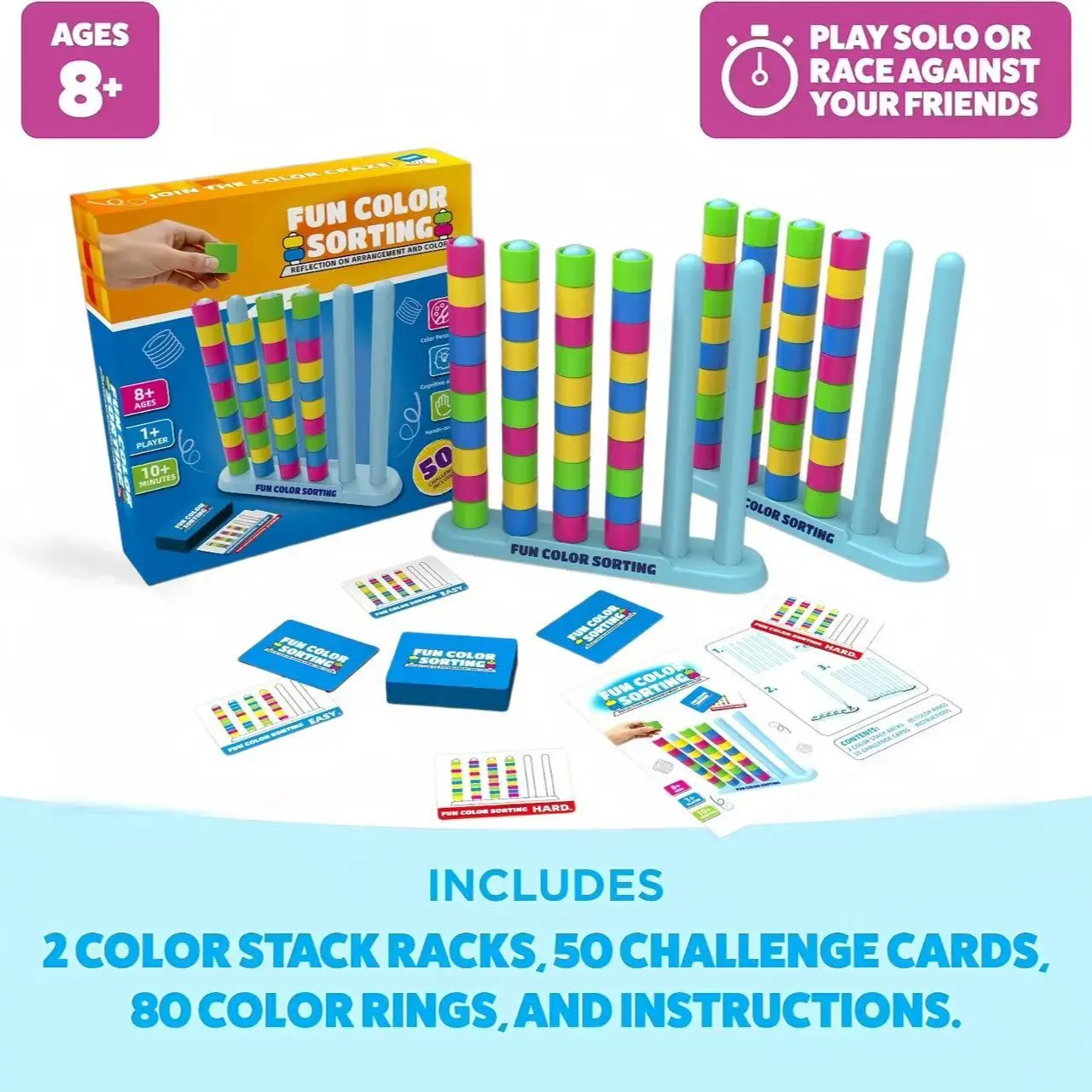 Color Stacking Challenge Game, Stacking Tower Game, Fun Party and Family Game Night, Includes 2 Stands, 50 Cards, 80 Rings, Instruction Manual