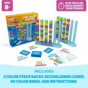 Color Stacking Challenge Game, Fun Party and Family Game Night, Includes 2 Stands, 50 Cards, 80 Rings, Instruction Manual
