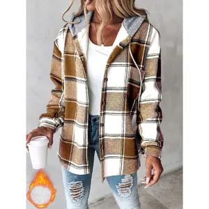 Women's Plaid Hooded Jacket with Fleece Lining-Comfortable Winter Coat with Adjustable Drawstring Pocket Cap and Front Buckle Design, Autumn and Winter Leisure Warm Top, Machine Washable (Brown/Beige/White/Black), Seasonal Fashion, cold Weather Coat,