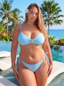 [Plus Size] Two-Piece Set Solid Color Bikini Set, Tie Back Bikinis, Casual Fashion Chic Top & Tie Side Swim Bottom Two-piece Swimsuit for Beach Holiday Vacation, Women's Swimwear for All Seasons