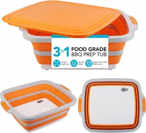 [New deal] - Large Collapsible BBQ Prep Tub with Lid(4.22 Gal/16L), Foldable Camping Sink with Colander, Cutting Board, Dish Basin for Kitchen, Bowl, Vegetable and Fruit, Storage Basket for Picnic