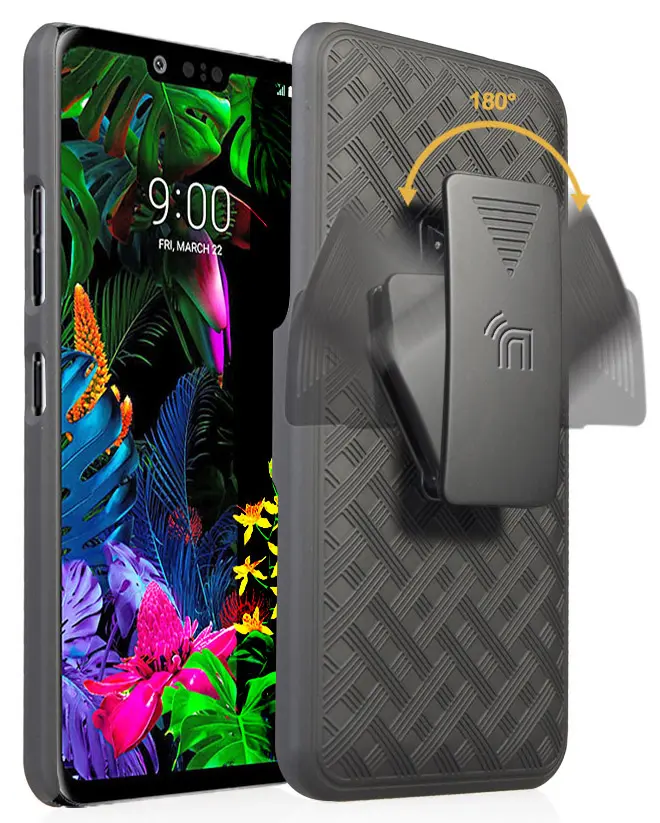 Case with Clip for LG G8 ThinQ, Nakedcellphone [Black Tread] Kickstand Cover with [Rotating/Ratchet] Belt Hip Holster Holder Combo for LG G8 ThinQ (LM-G820)