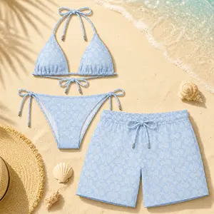 C-Pattern Blue Matching Couple Swimwear Set 2026, Bikini & Men’s Swim Shorts, Trendy Summer Beachwear Outfit for Vacation & Honeymoon