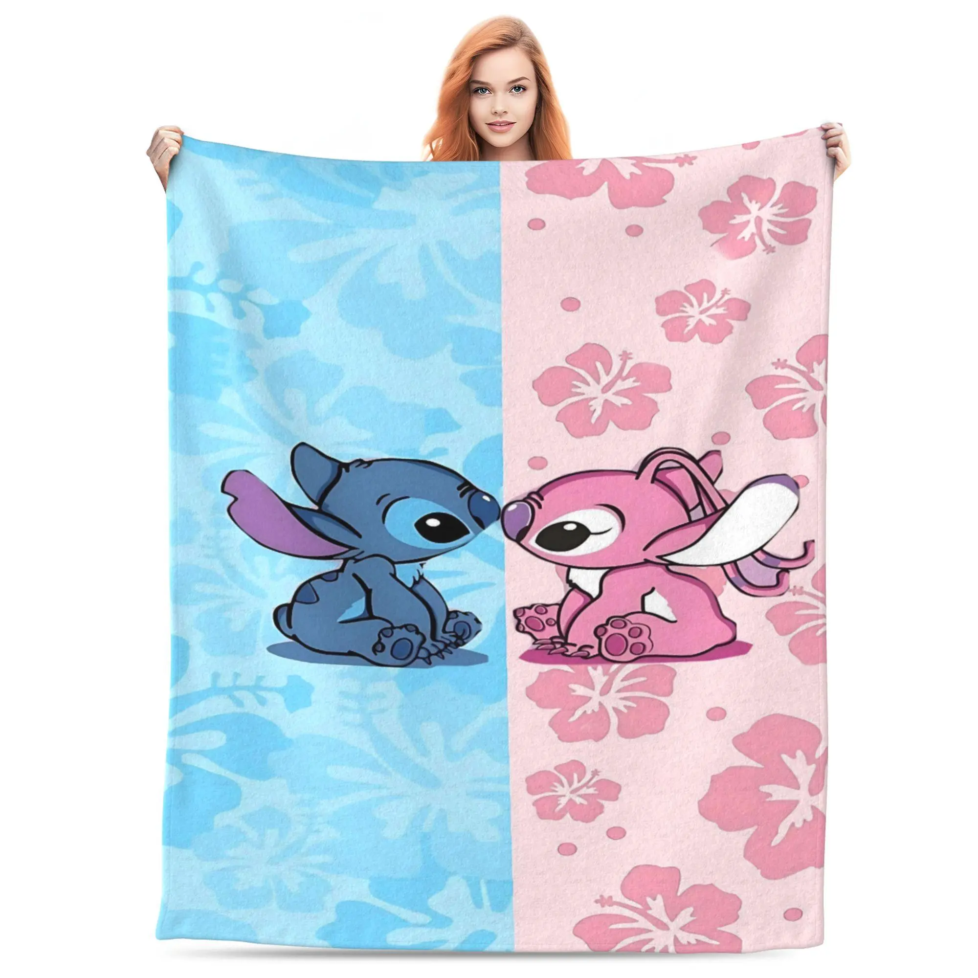 [SummerVibes] DISNEY CLASSIC Stitch and Angel Fleece Throw Blanket – Adorable Blue Stitch & Pink Angel Couple with Floral Background, Soft Cozy Blanket for Kids, Teens & Disney Fans, Perfect for Bed, Couch or Travel
