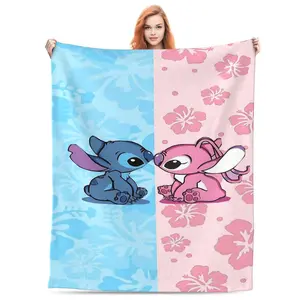 DISNEY CLASSIC Stitch and Angel Fleece Throw Blanket – Adorable Blue Stitch & Pink Angel Couple with Floral Background, Soft Cozy Blanket for Kids, Teens & Disney Fans, Perfect for Bed, Couch or Travel