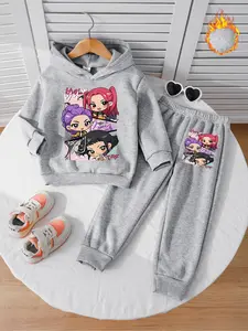 Girls Long Sleeve Witch Hunter Corps Fleece Set, Hooded Sweatshirt with Trendy Cartoon Print, Casual Loose Fit Joggers, Fall & Winter