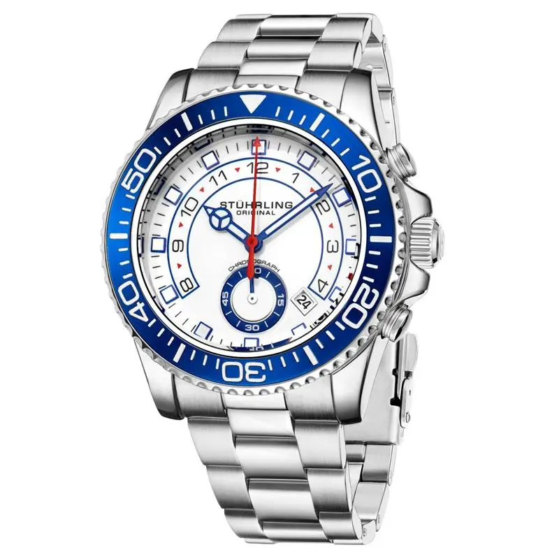 Stuhrling Men's Chronograph Diver White Dial Blue Bezel Silver Bracelet Watch