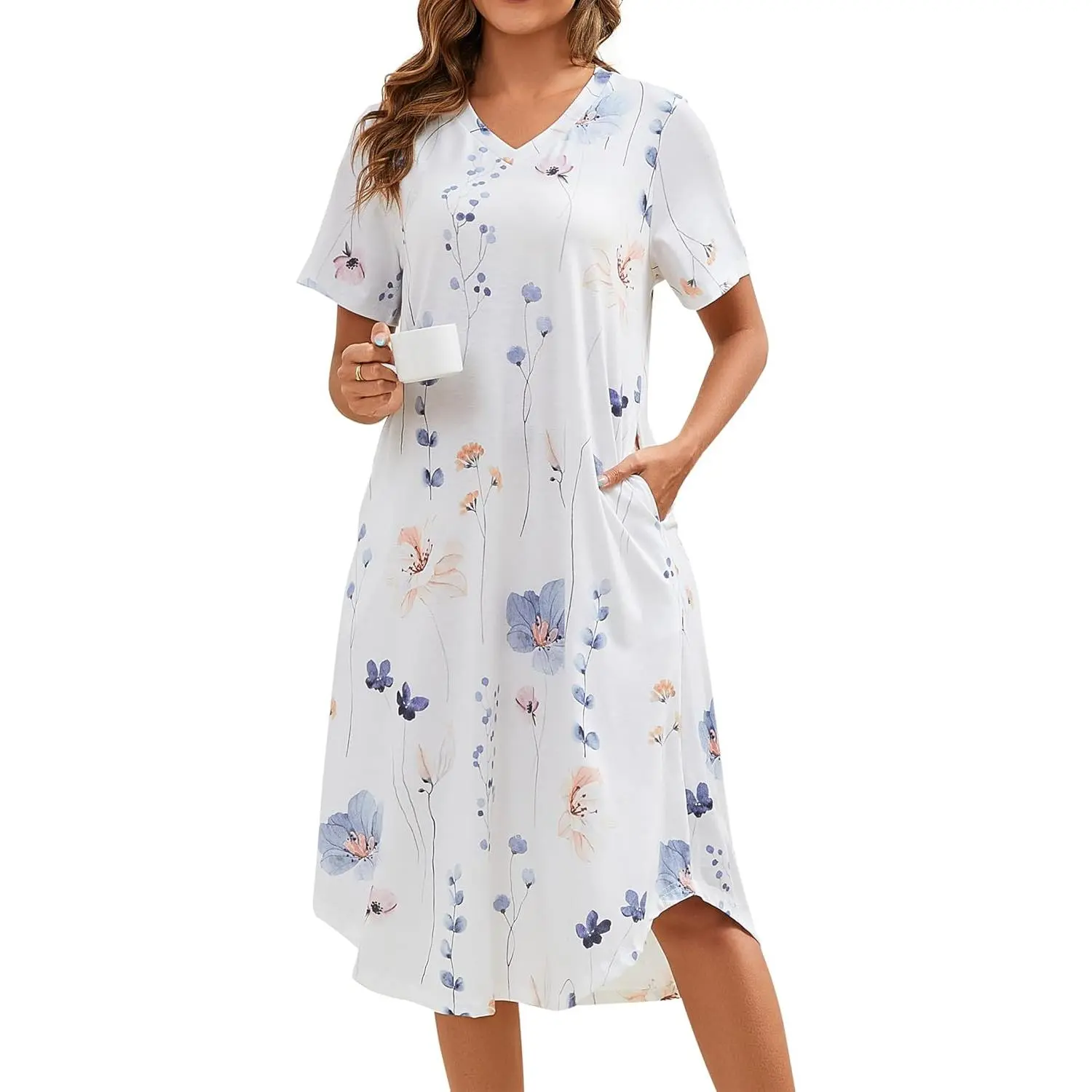 Nightgowns for Women Cotton Short Sleeve Long Night Gowns with Pockets(Gift)