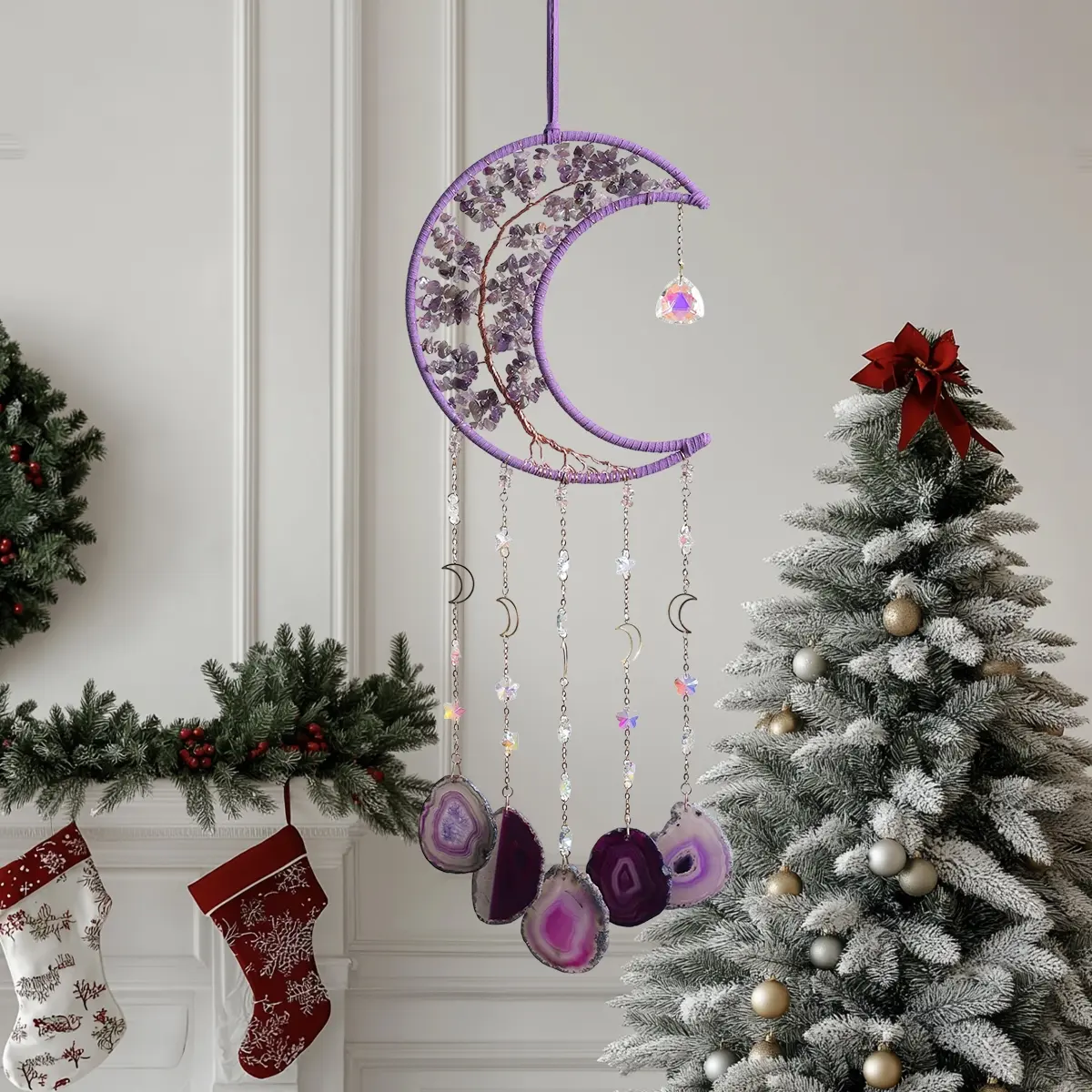Handmade Tree Shape Crystal Dream Catcher with Moon Agate Pendant - Festive Gift Ready, Boho Aesthetic Wall Decor, Room Decor, Tree of Life Vibe, Home Supplies Frame
