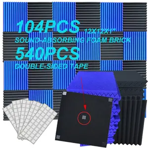 104 pieces of black and blue soundproof foam panels are suitable for walls, 1 X 12 X 12 inch (about 30 * 30 * 2.5 cm) soundproof foam panels, high-density sound-absorbing panels, and noise reduction studios