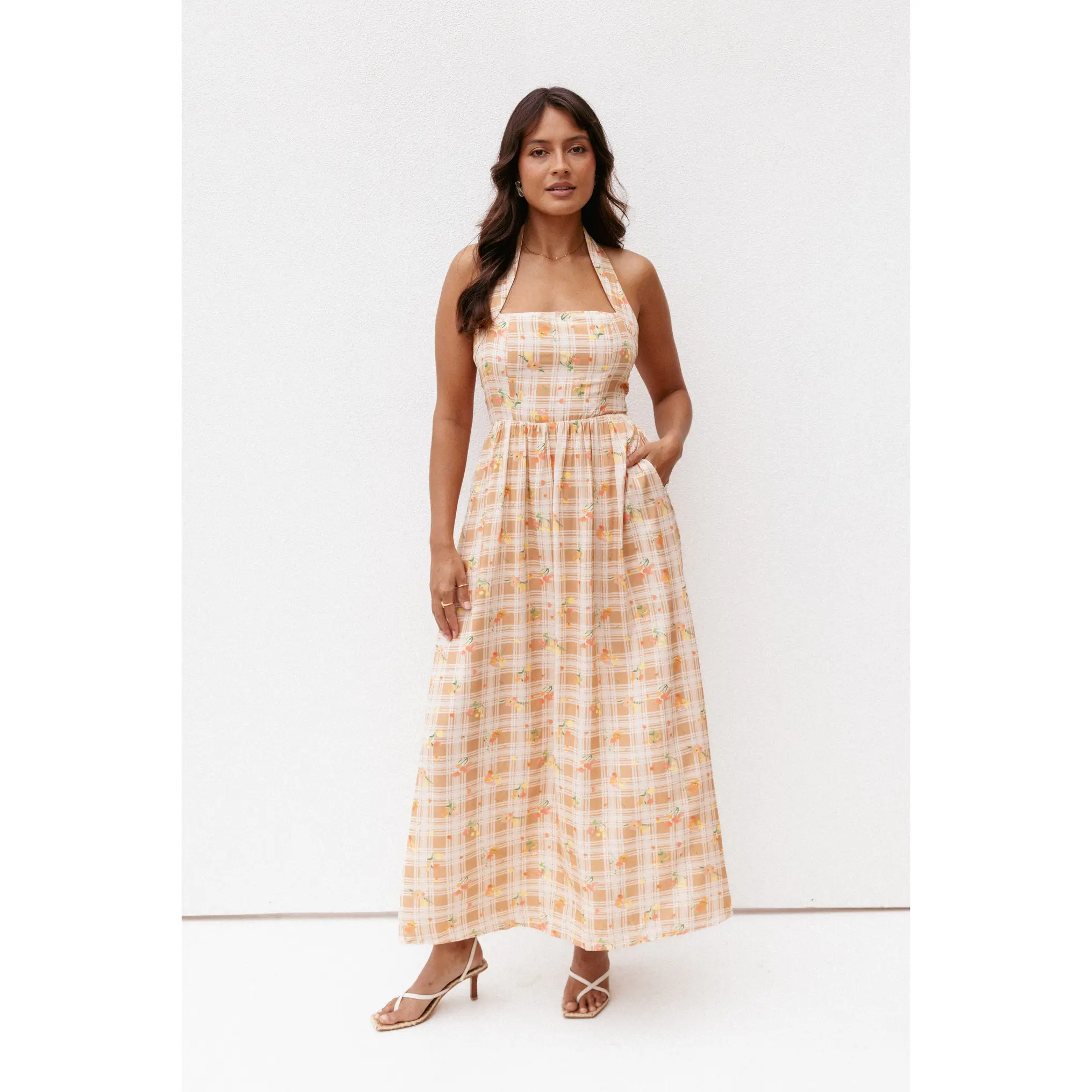 Gemini Halterneck Maxi Dress - Yellow Floral Gingham