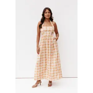 Gemini Halterneck Maxi Dress - Yellow Floral Gingham