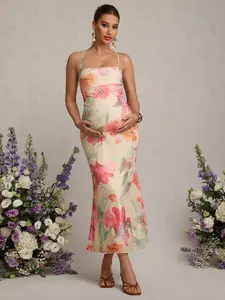 MaterniRIO Elegant Butterfly Print Backless Halter Maternity Dress - Sexy Yellow Floral Outfit for Pregnancy Photoshoot & Baby Shower