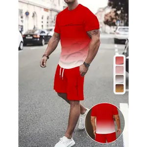 2pcs Men's Letters Pattern Gradient Color Short Sleeve T-shirt + Shorts Co-ord Set, Casual Stylish Summer Outdoor Clothing As Gift Fabric Menswear Stretch Polyester Tropical Top Suits Gamis Crewneck Ombre