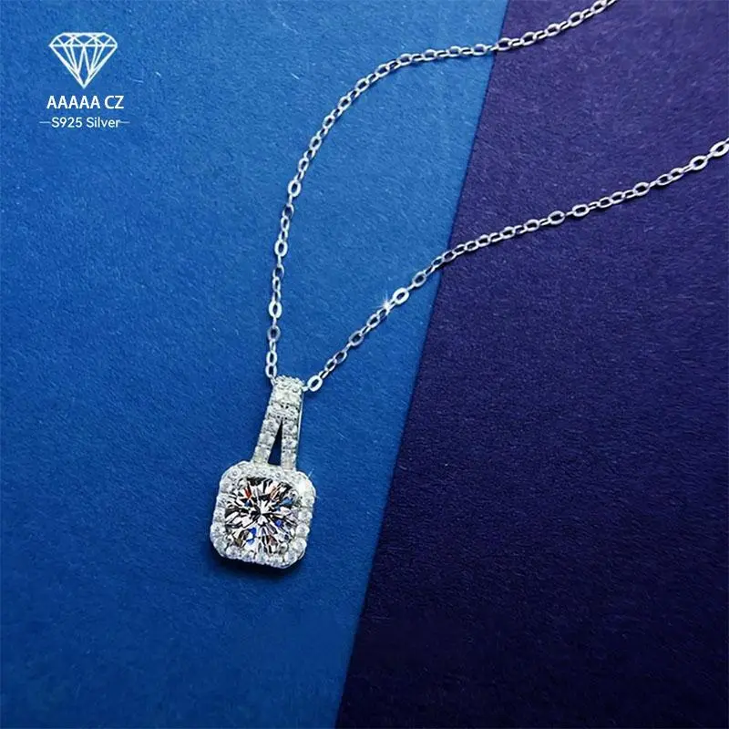 Women's 2.1g 925 Sterling Silver-Plated 5A Zircon Mosaic Square Pendant Necklace - Comfortable, Elegant Female Gemstone Jewelry, Great Gift for Loved Ones (Birthday, Anniversary)