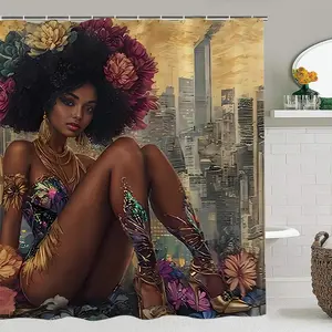 1/4pcs African Women Pattern Polyester Durable Shower Curtain Set, Shower Essentials, Includes 4 Pieces, Bath Mat, Toilet Seat Cover, U-Shaped Pad, Unique Home Decor