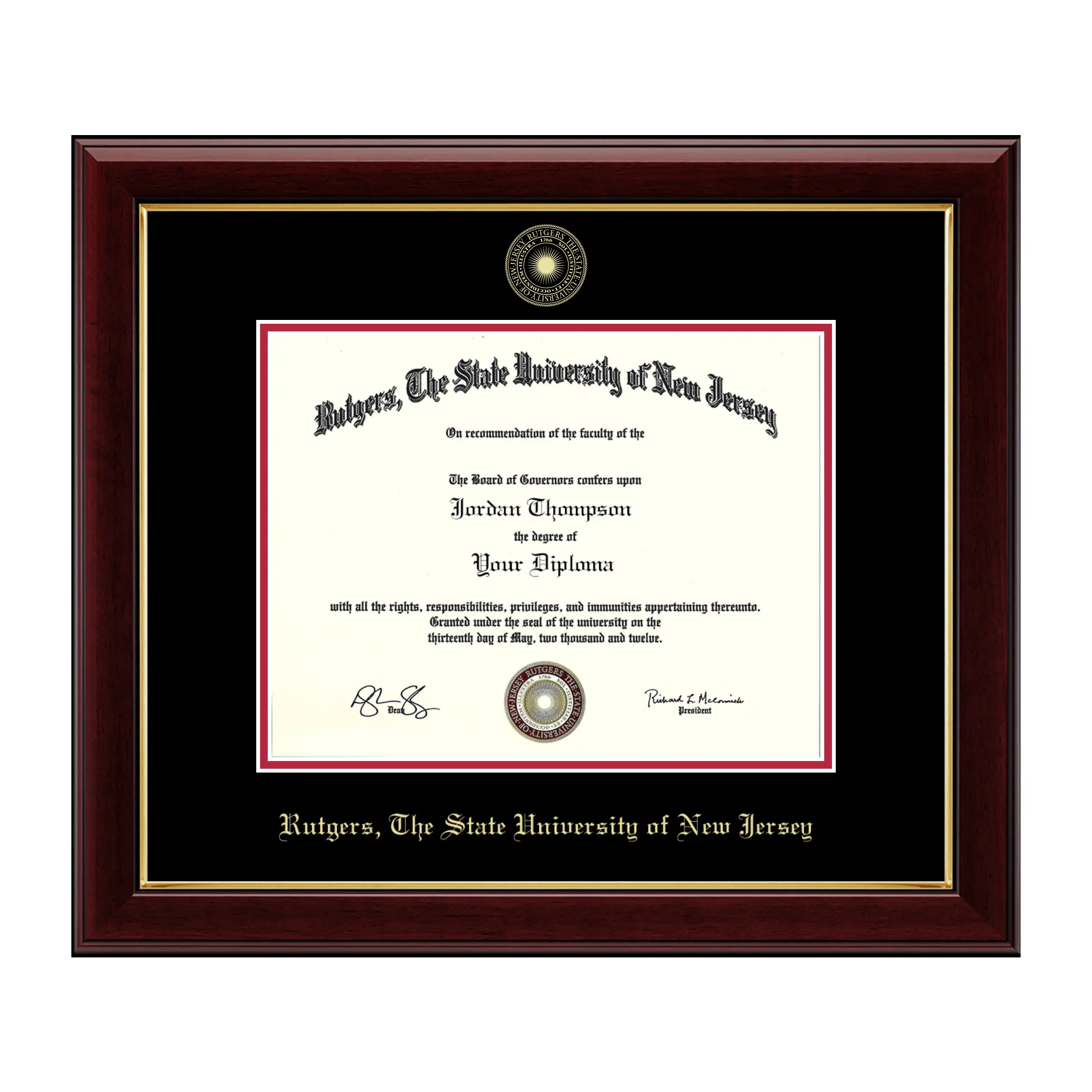 Rutgers University Gold Embossed Diploma Frame with Museum-Quality Matting and Cherry Lacquer Finish