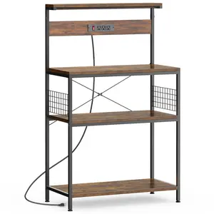 Kitchen Bakers Rack with Power Outlet, Coffee Bar Table 4 Tiers, Kitchen Microwave Stand with 6 S-shaped Hooks, Storage Shelf Rack for Spices, Pots and Pans