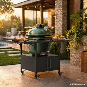 ARCH Outdoor Grill Table for Big Green Egg Style BBQ, Metal Grill Cart with 2 Folding Panels, Compatible with up to Large Green Egg, Kamado Joe Jr    RR