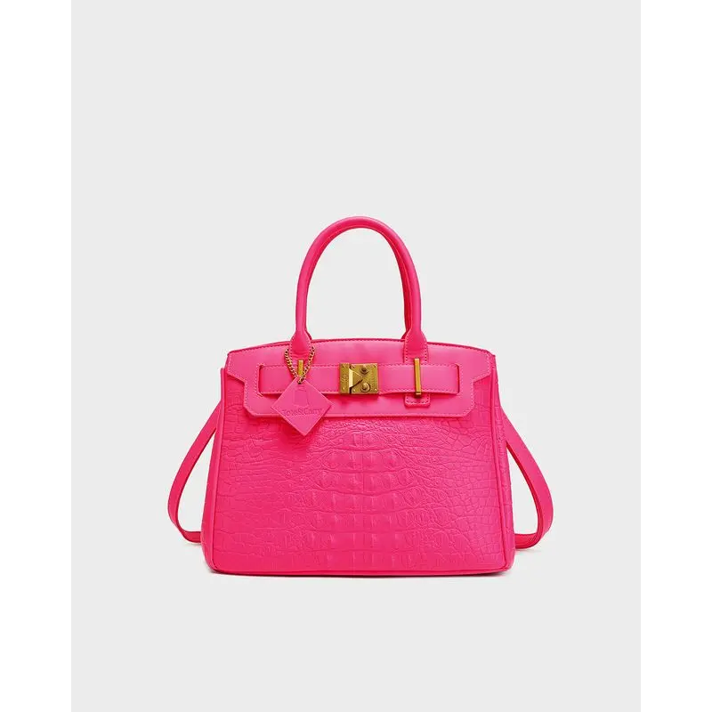 Women's Luxury Statement Neon Pink Tote Bag - Belted, Turn-Lock Closure, Boardroom Presence Design, High-Fashion Functionality