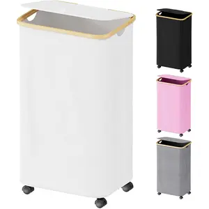 Laundry Hamper on Wheels 100L, Clothes Basket with Lid and Bamboo Handles, Foldable Laundry Hamper for Bedroom,, Dorm, Laundry Room - White