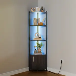 OUTGOODS 5-Tier Metal & Wood LED Corner Shelves - Adjustable Lighting, Wall-Mounted Decor Gift, Space-Saving Home Organizer for Bedroom, Living Room - Easy Assembly Lighted Display Rack