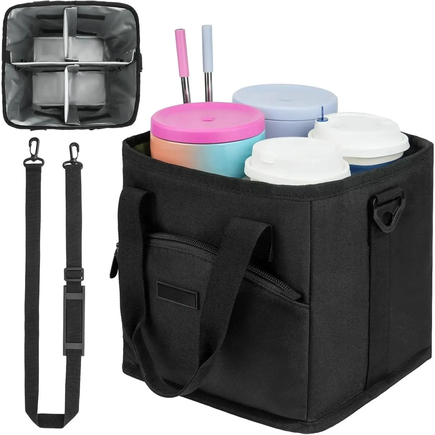 4 Water Bottle Holder with Strap| Family Size 4 Compartment Drink Bag, Multiple Tumbler Carrier| Adjustable Fits Large  Small Drinks| Hands Free, Won't Tip Over in