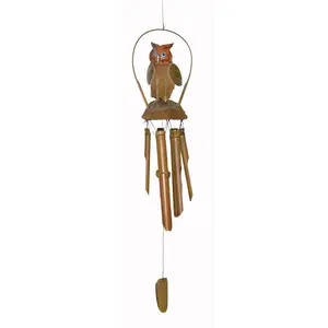 Hand Carved Large Beautiful Bamboo Wood OWL Wind Chime