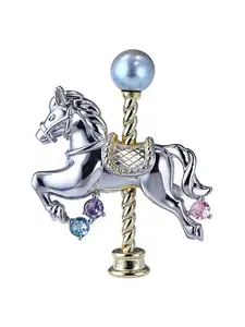 Dreamy Rotating Carousel Pearl Brooch, Zircon Gemstone Accents, Crystal Synthetic Pearls, Aurora Platinum Tie Knot Pin