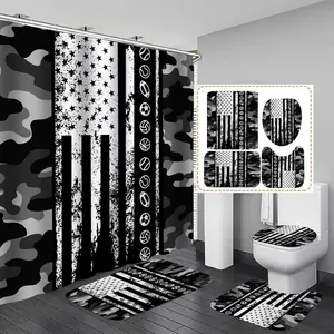 American Flag Pattern Bathroom Decorations (4 Counts/set), Including Shower Curtain & Toilet Lid Cover & Mat & U-shaped Mat, Bathroom Accessories