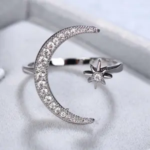 Crescent Ring Stainless Steel Silver Star Moon Ring Open Adjustable Fashion Accessories
