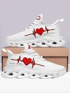 Women's Heartbeat Print Lace Up Fashionable Running Shoes, Casual Comfortable Breathable Sports Shoes, Female All-match Round Toe Sneakers for Daily Wear