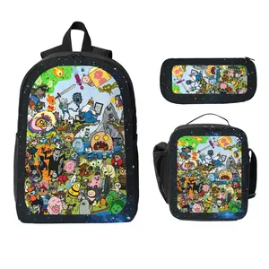 Adventure Time Theme Backpack Three-Piece Set - Cartoon Anime Style Student Backpack, Lunch Bag & Pencil Case with Starry Sky Background & Vibrant Character Motifs