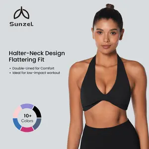 Sunzel Halter Neck Twist Front Sports Bra with Removable Pads Open Back Deep V Flattering Fit for Yoga Pilates Low Impact Sleeveless Workout